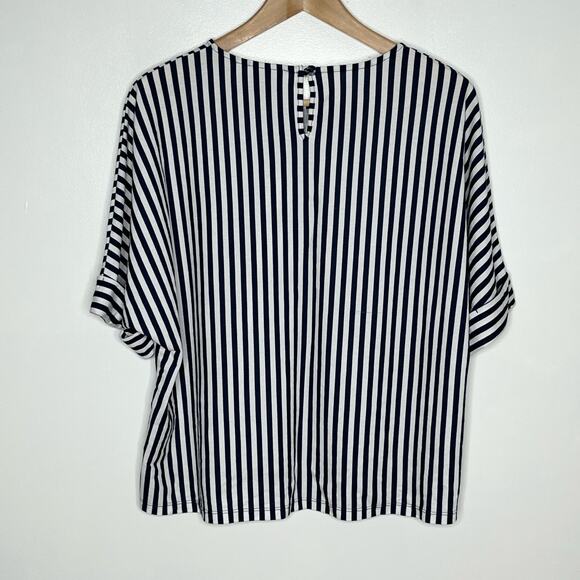 Pure Essence Short Sleeve Top Womens Medium Navy White Stripe Boxy Casual - Picture 7 of 10